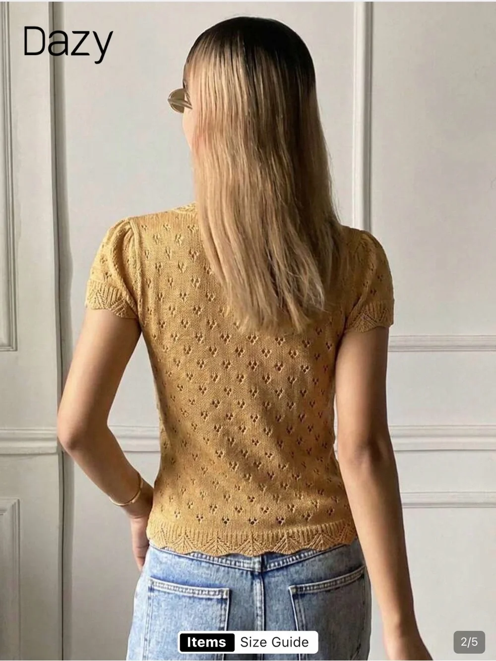 New small Dazy knit Button Front Short Sleeve  sweater cardigan v neck Top gold